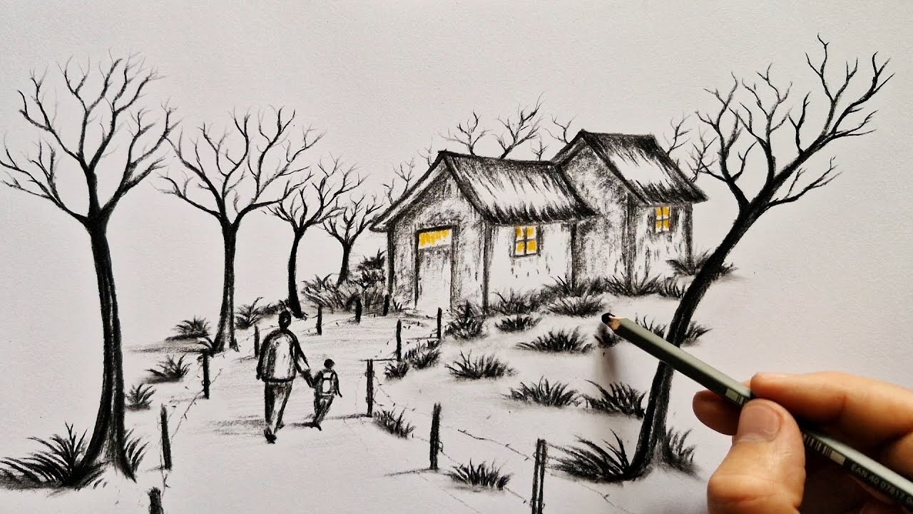 How to draw beautiful landscape house with lights, step by step - YouTube