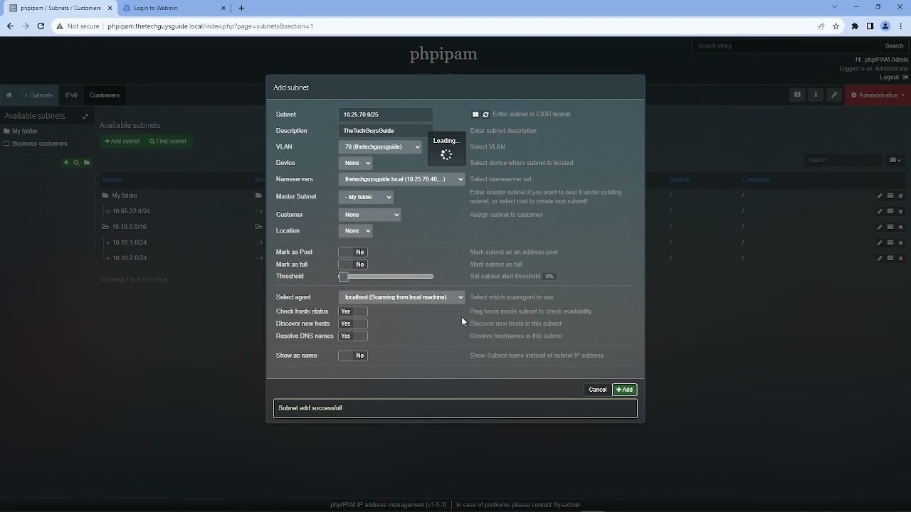 php{IPAM} setting Up a Subnet and enabling discovery and status checks