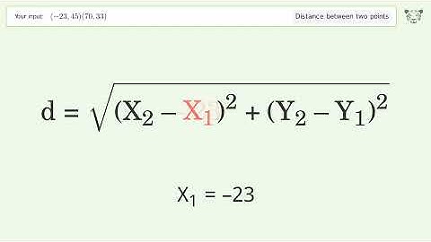 Find the distance between two points p1 (-23,45) and p2 (70,33): Step-by-Step Video Solution