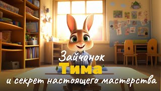 картинка: Сказка на ночь для детей 3–5 лет — «Зайчонок Тима и секрет настоящего мастерства»
