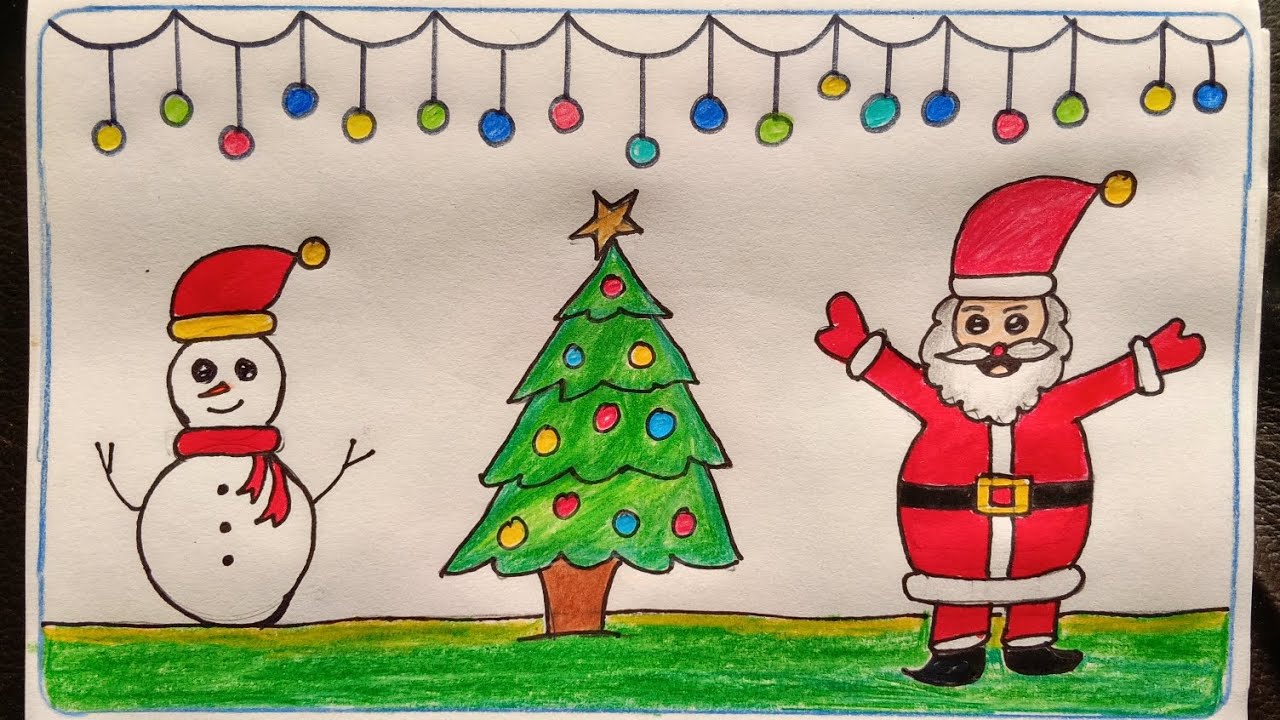 Merry Christmas easy drawing | Christmas tree drawing | Santa Claus drawing | Merry Christmas poster