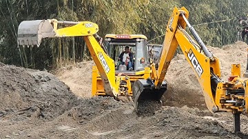 Two JCB Backhoe Machine Working For Bridge Foundation Construction - JCB Video