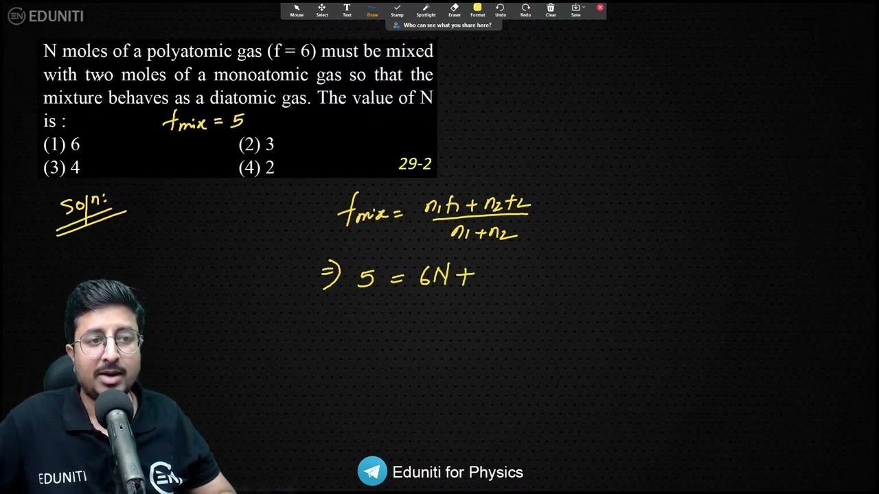 N moles of a polyatomic gas (f = 6) must be mixed with two moles of a monoatomic gas so that the