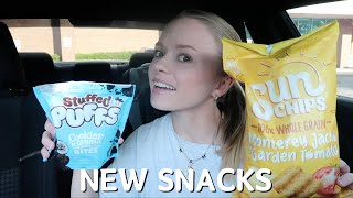 lets REVIEW NEW snacks | SunChips monterey cheddar garden tomato & oreo stuffed puffs marshmallows