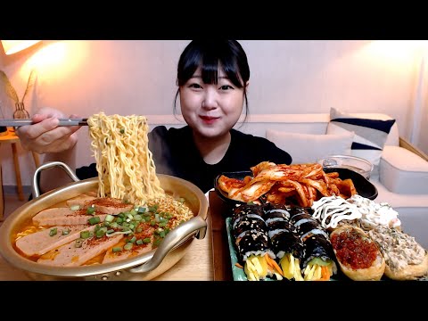 통통한 스팸넣은 스팸김치라면 배추겉절이 참치김밥 토핑유부초밥 <strong>크래미</strong> 진미채 불고기 먹방 Spam kimchi ramyeon Gimbap Mukbang Eatingsound