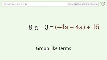 Linear equation with one unknown: Solve 5a-3=15-4a step-by-step solution