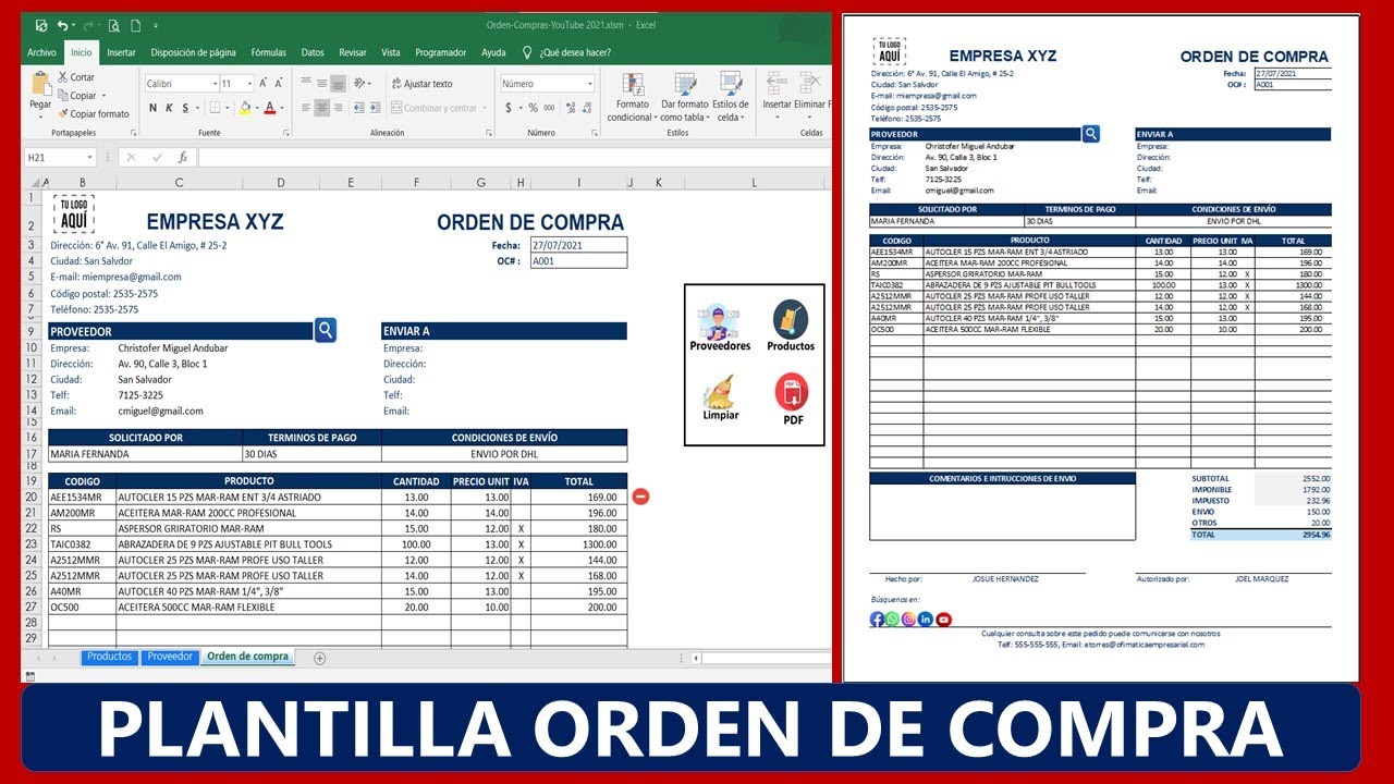 ORDEN DE COMPRA EN EXCEL VBA | Plantilla para ORDENES DE COMPRA en Excel  GRATIS-MACROS VBA - YouTube