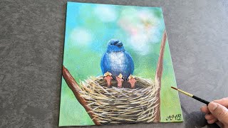 Bluebird painting ideas / How to paint a Bokeh background / acrylic painting tutorial 45