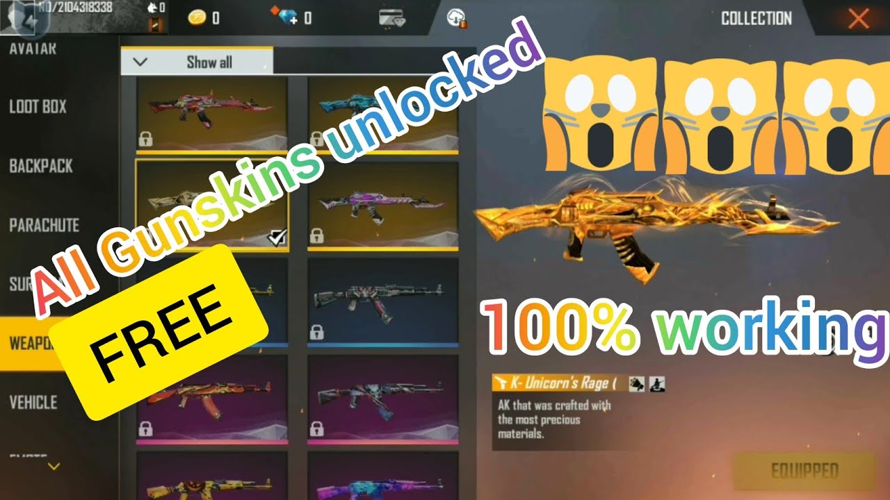 FREE FIRE All guns skin unlocked 100% free || All bundles unlocked 100%