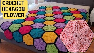 Crochet Flower 🌸Hexagon For Blankets and Bedcovers @sara1111 👉step by step Tutorial Beginner