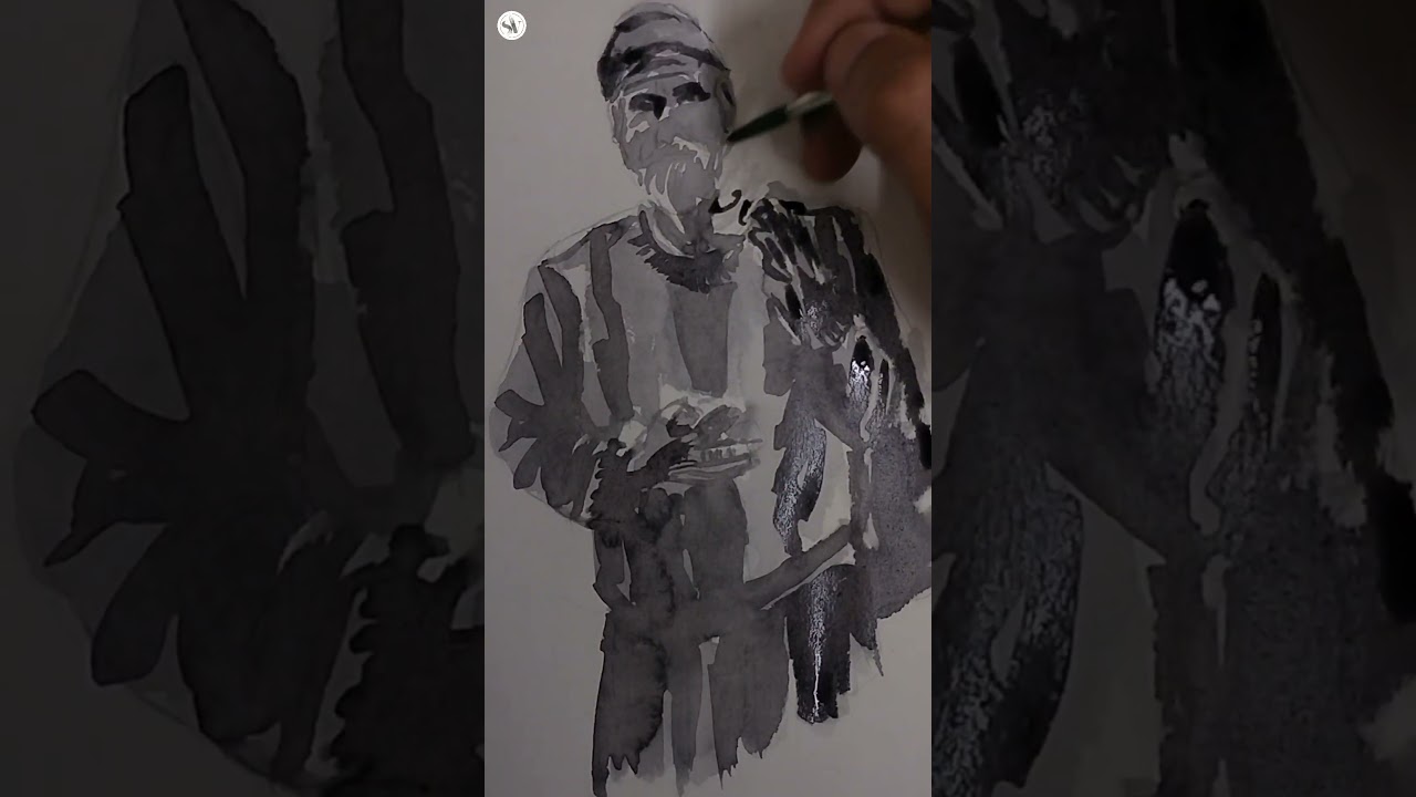 Old Man Portrait With Black Ink. 