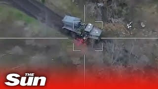 Russian military drone targets and destroys Ukrainian rocket launcher