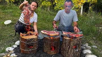 The JUICIEST Mountain Steaks Ever! 🥩🔥 Grilled on a Rocket Wood Stove! 🤯🏔️