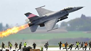 US F-16 Fighting Falcon Fighter Jet Female Pilot Takes Off at Full Speed
