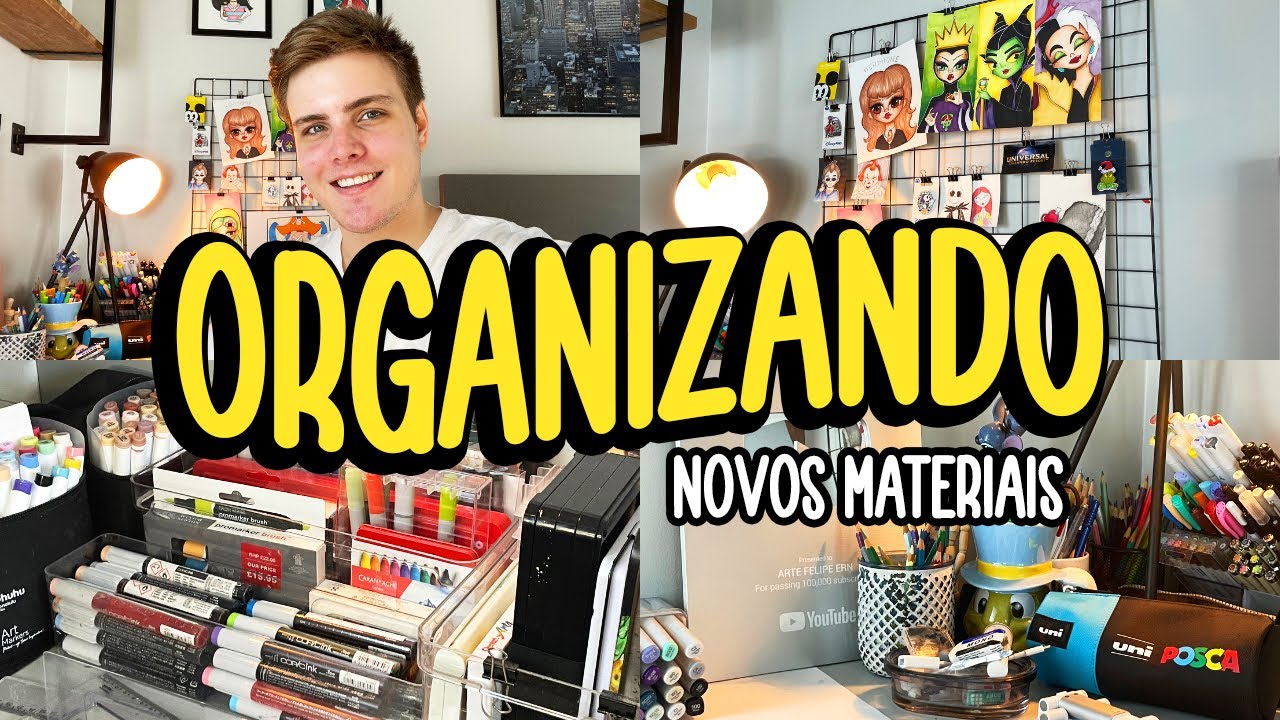ORGANIZANDO MEUS NOVOS MATERIAIS DE DESENHO + tour pela mesa