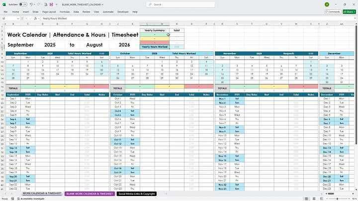 Work Calendar Template in Excel & Google Sheets | Timesheet & Attendance Tracker #exceltemplate