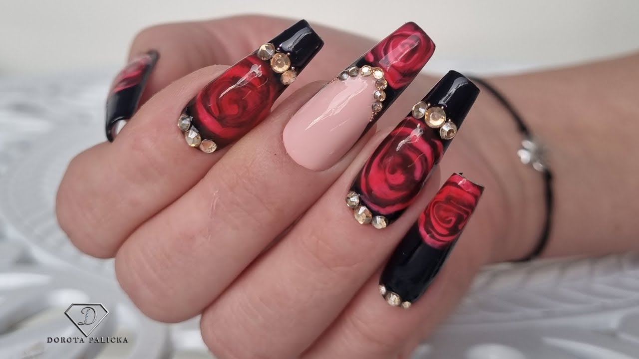 Valentine's Day Nails. Red and black nails with blooming gel rose.