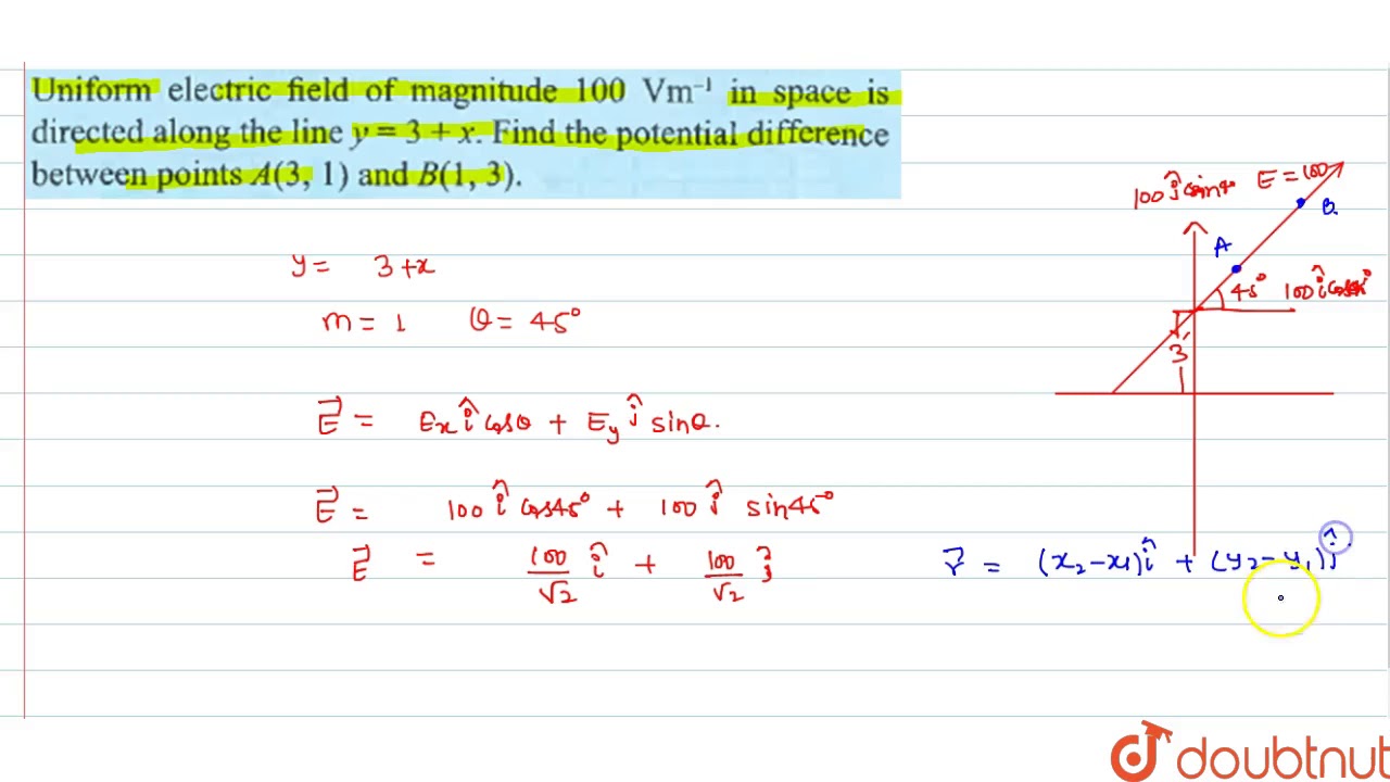 Uniform Electric Field Of Magnitude 100 Vm 1 In Space Is Directed Along The Line Y 3 X Youtube