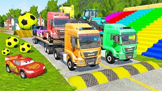 TRANSPORTING PIXAR CARS & FRUITS WITH COLORED & JOHN DEERE vs CLAAS vs TRACTORS - BeamNG.drive #962