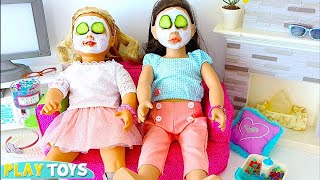 AG Doll Sleepover Slumber party with dolls spa in dollhouse w/ bunkbed in doll bedroom by play toys Playing american girl doll sleep over or slumber party with doll spa. doll nail salon in the dollhouse with bunk beds in doll bedroom.