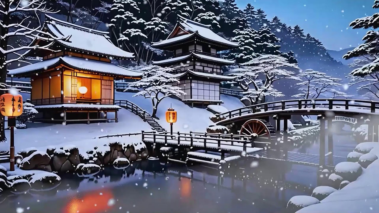 12h Ambient Zen | Music + Water Sounds for Sleep and Relaxation🌙 | 冬の水車瞑想音楽 | Thiền Mùa Đông Vol.241