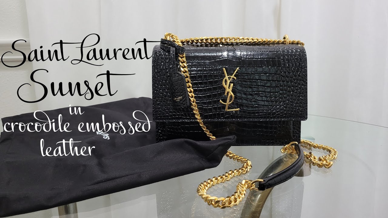Saint Laurent Medium Sunset Bag, Black Croc Embossed, Gold
