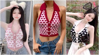 Knitted Sleeveless Heart Print Tank Top Halter Neck Women Backless Cardigan Y Kawaii Harajuku