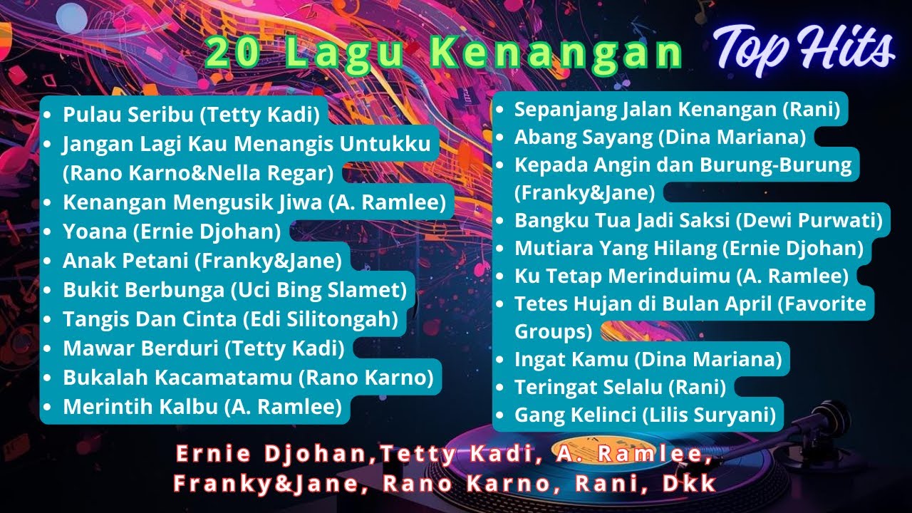 20 LAGU KENANGAN TOP HITS(Ernie Djohan, Tetty Kadi, A. Ramlee, Franky & Jane, Rano Karno, Rani, dkk)