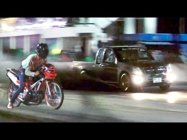WHO WILL WIN Moped vs Pickup Truck Drag Racing ??? - isuzu dmax vs 2 stroke motorcycle class=