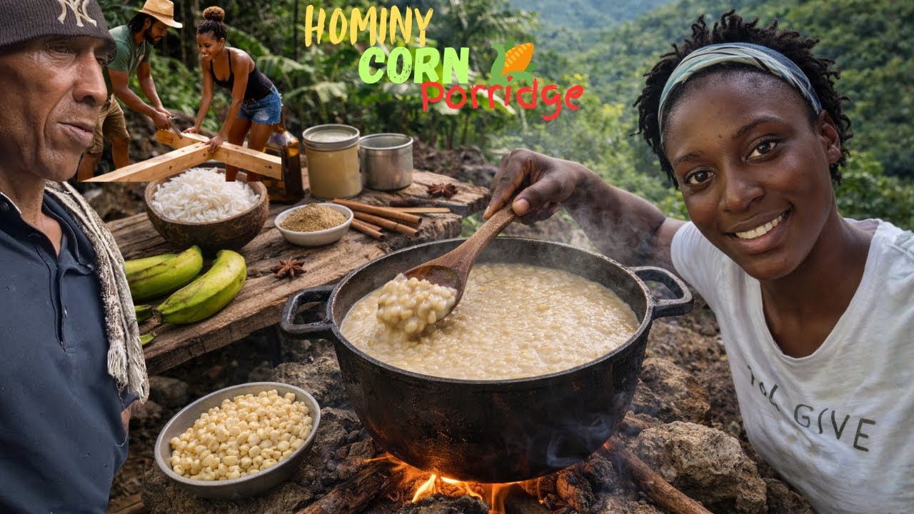 Cooking Hominy Corn Porridge for the Work Men While We Build Our Dream Off-Grid Cabin! 🇯🇲🔥