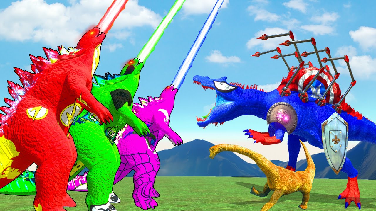 モンスター大混乱！スピノサウルスがカラフルなゴジラ軍団に立ち向かう原始世界の激戦！🌈🔥