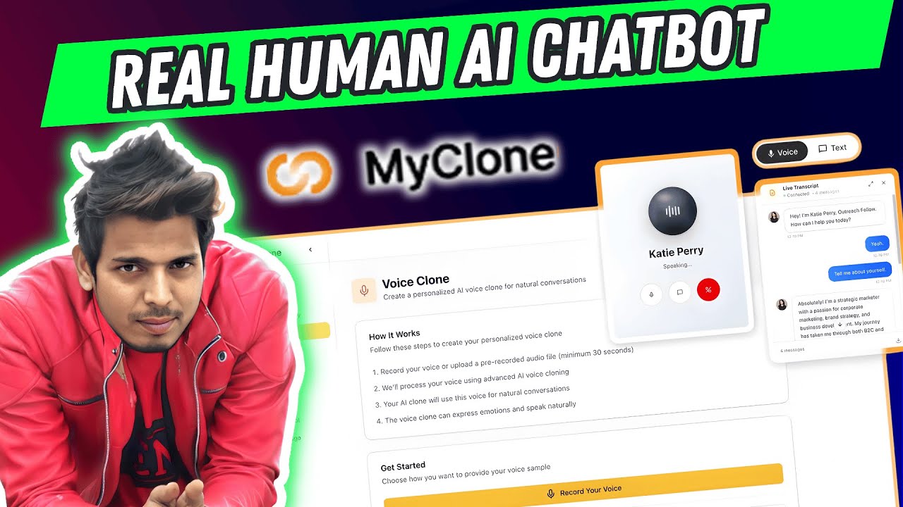MyClone AI voice chatbot interface showing voice cloning and conversation features