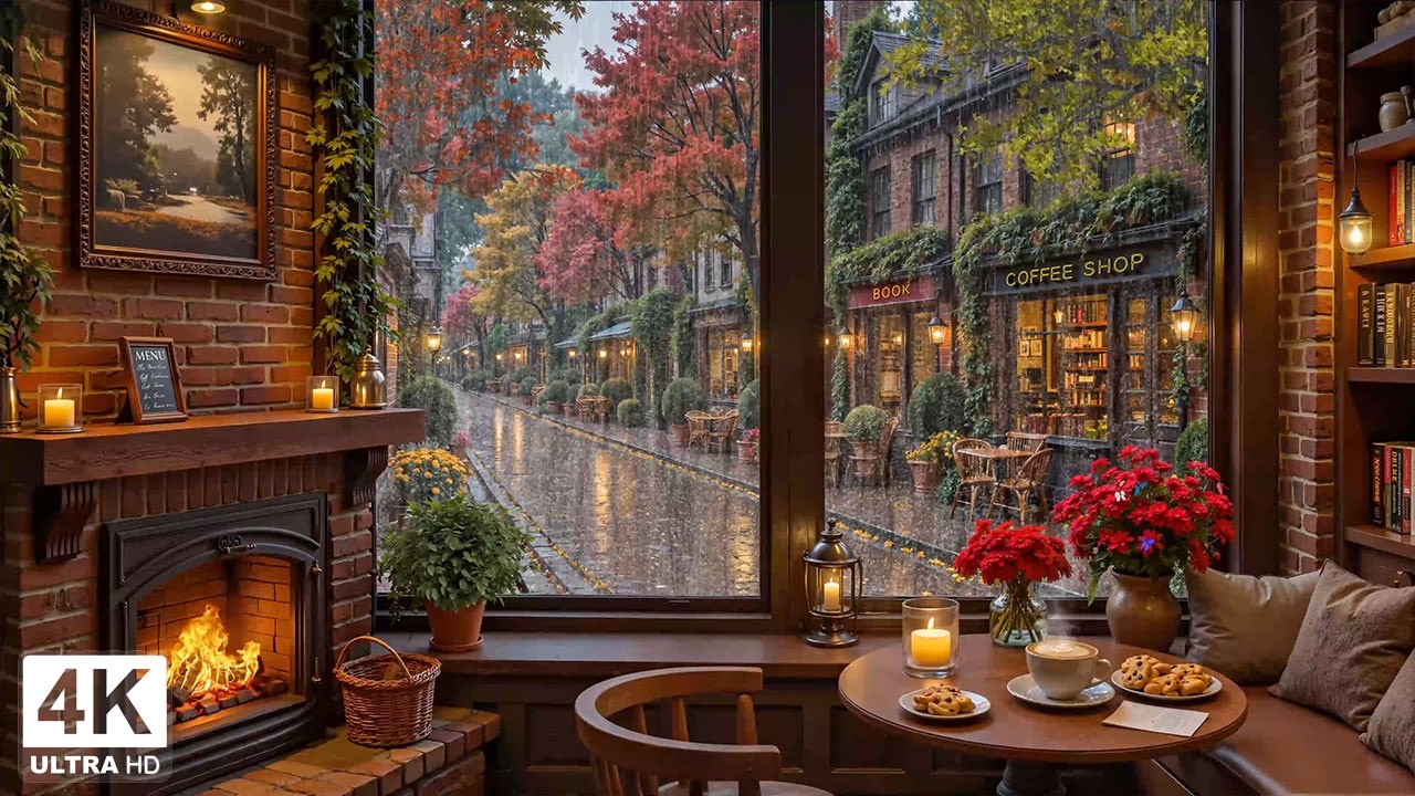 Peaceful March Rainy Café Ambience ☕🔥 Gentle Jazz Piano & Cozy Fireplace Sounds for Work & Study