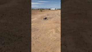 Boy drives RC Radio Control Car around dirt trail then runs into his feet causing him to fall over
