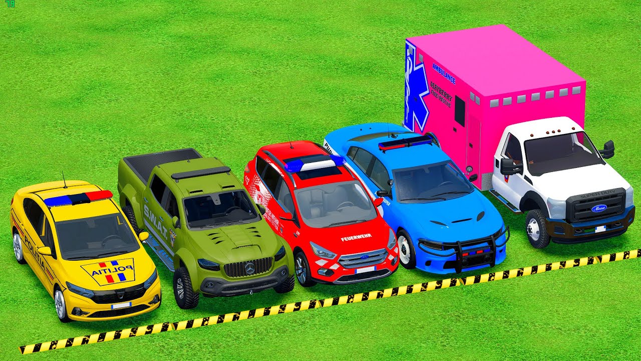 DACIA, MCQUEEN CAR, FORD POLICE CARS, AMBULANCE EMERGANCY TRANSPORTING WITH ! FS22