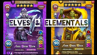 Empires & Puzzles Voidstar & Grilka Insane Defenders! Opposing elements cut from the same cloth 💜💛🤩