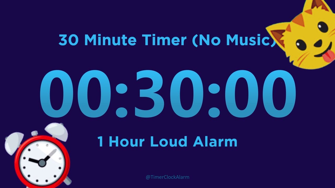 30 minute Timer Countdown (No Music) + 1 Hour Loud Alarm 