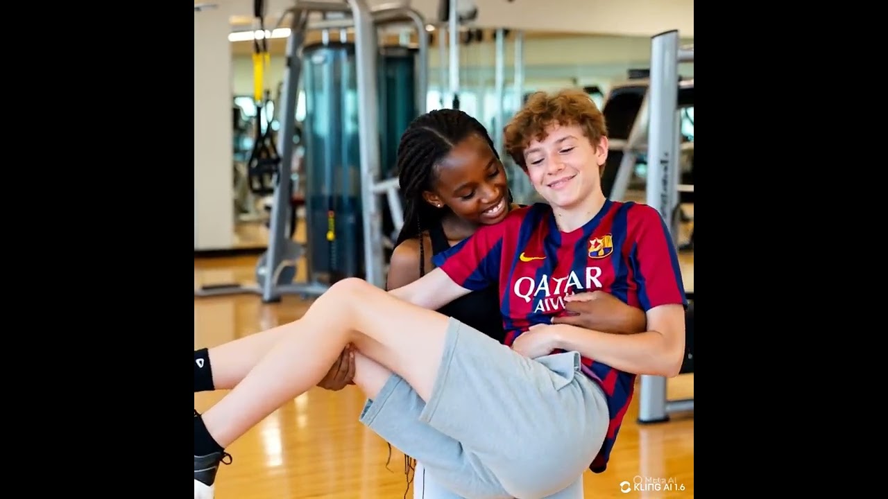 Black girl carrying a white boy who is a Barcelona fan at the gym