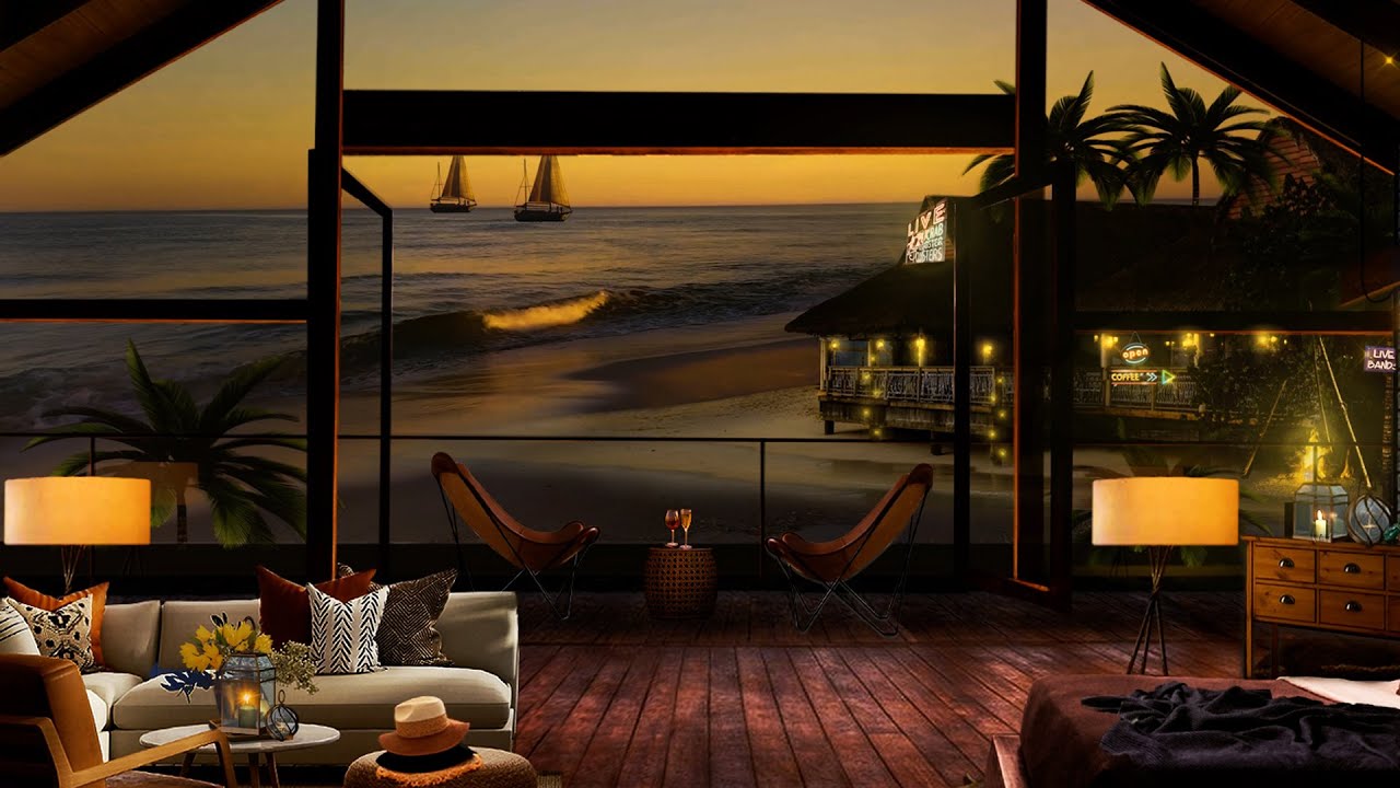 Ambience ] Bossa nova from another room - Tropical beach resort / golden sunset melt into twilight 🌴
