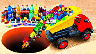 Spiderman & Big Dump Truck Car Race, Orbeez, Fanta, Mirinda, Coca Cola & Popular Soda and Mentos