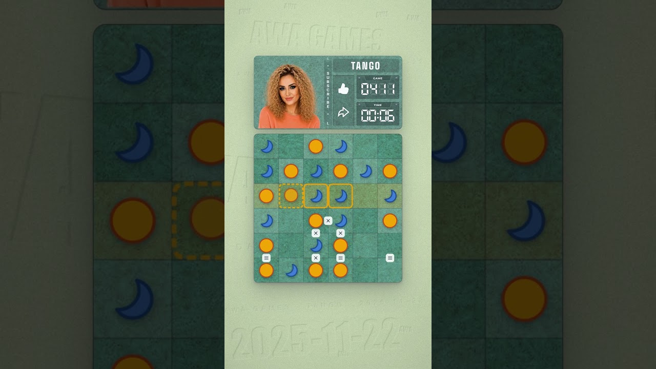 LinkedIn Tango #411 solved board for November 22, 2025, 6x6 grid