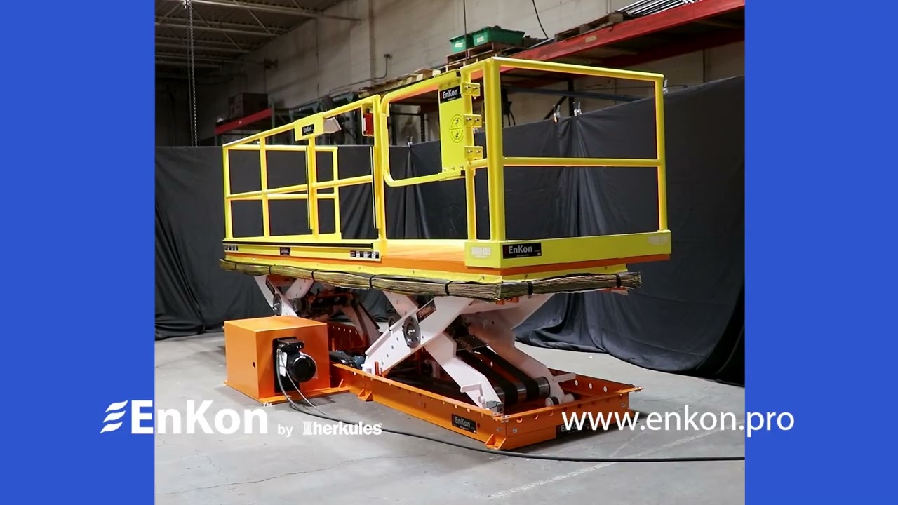 v1603 01 enkon high travel belt drive scissor lift platform work cell automotive assembly plant