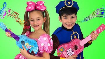 Sasha and Max plays Toy Guitar Music Challenge and sing Kids Nursery rhymes Songs