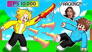 I Trolled My Little brother using an OP AUTOCLICKER.. (Roblox Bedwars)