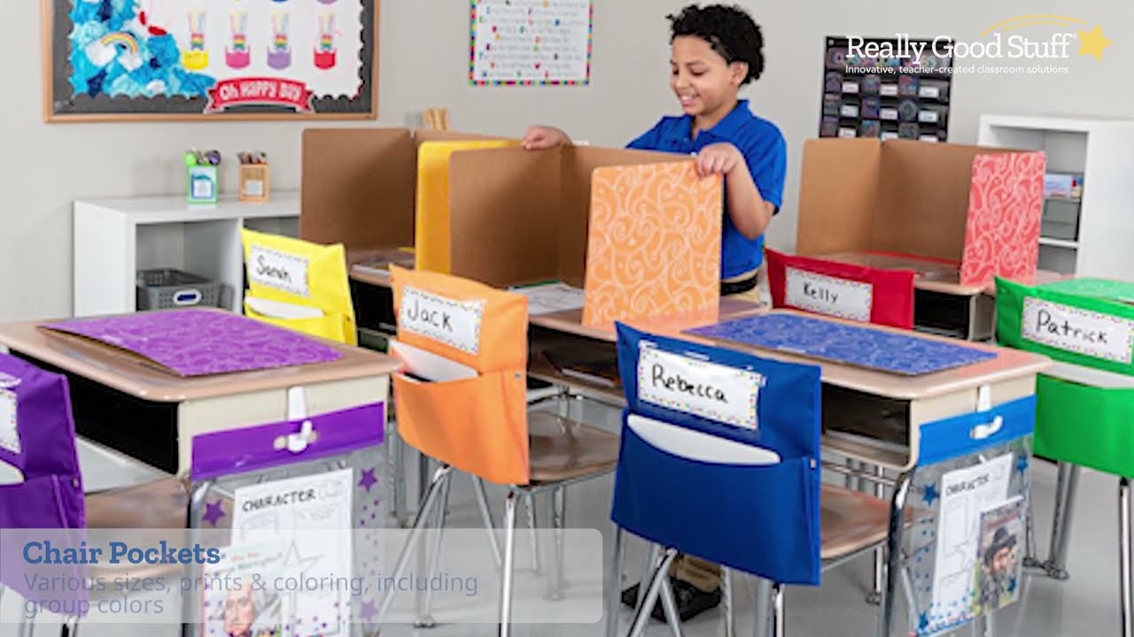 12-Pack Classroom Chair Pockets For K-2 Students - 16x19 Inch Seat Organizers With Name Tags, Black