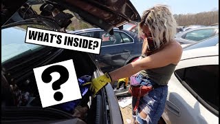 LOOK WHAT WE FOUND?!?! - Treasure Hunting Car Trunks At Junkyard!