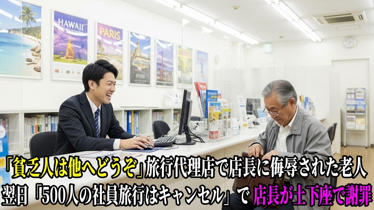「貧乏人は他へどうぞ」旅行代理店で店長に侮辱された老人。翌日「500人の社員旅行はキャンセル」で店長が土下座で謝罪