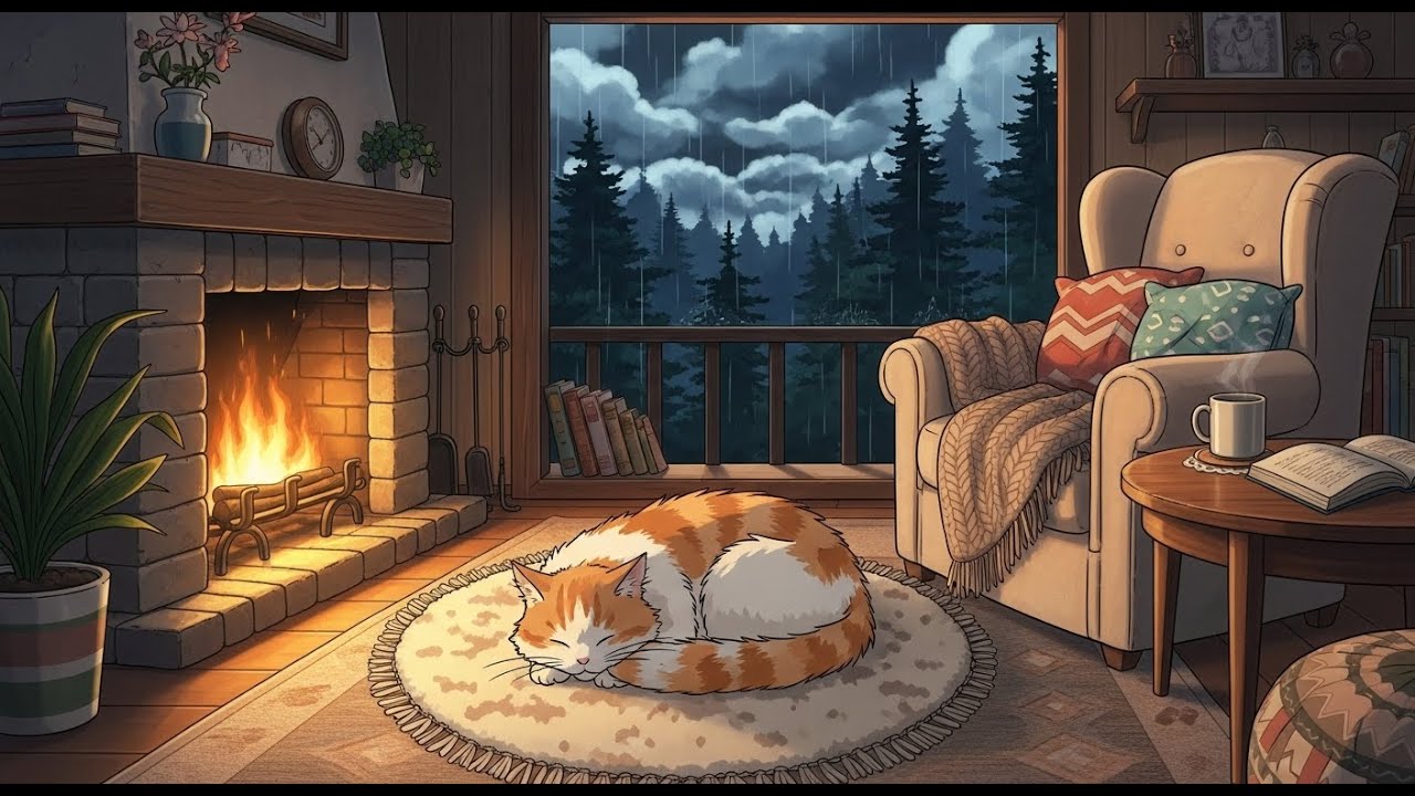 Sleeping Cat Fireplace Sounds 🐱🔥 Cozy Room Ambience for Instant Sleep