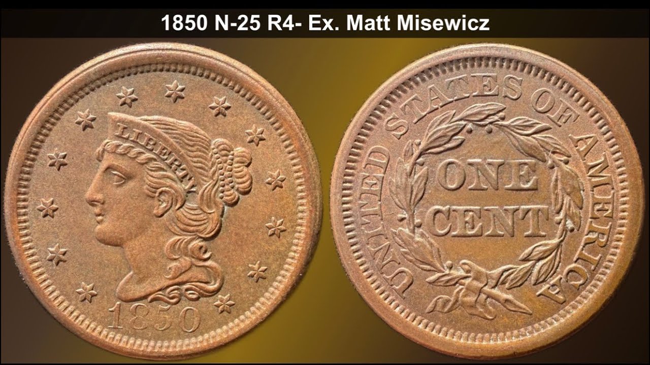 分銅　伍拾両 GRADE THIS CENT: 1850 N-25 R4- Braided Hair Large Cent, Ex Matt