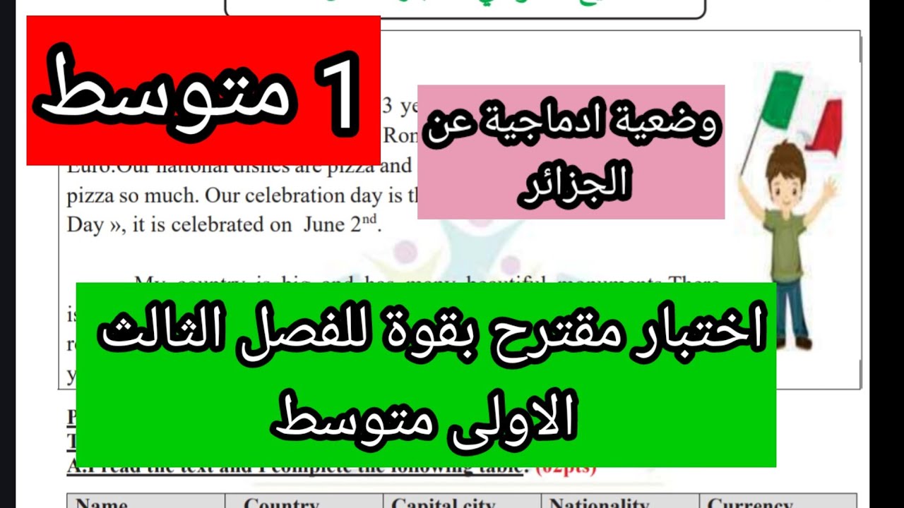 اختبار مقترح بقوة للفصل الثالث الأولى متوسط مع وضعية ادماجية مقترحة